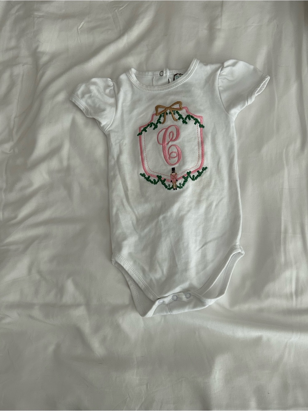 “C” nutcracker embroidered Kids White Short-Sleeve One-Piece Bodysuit
